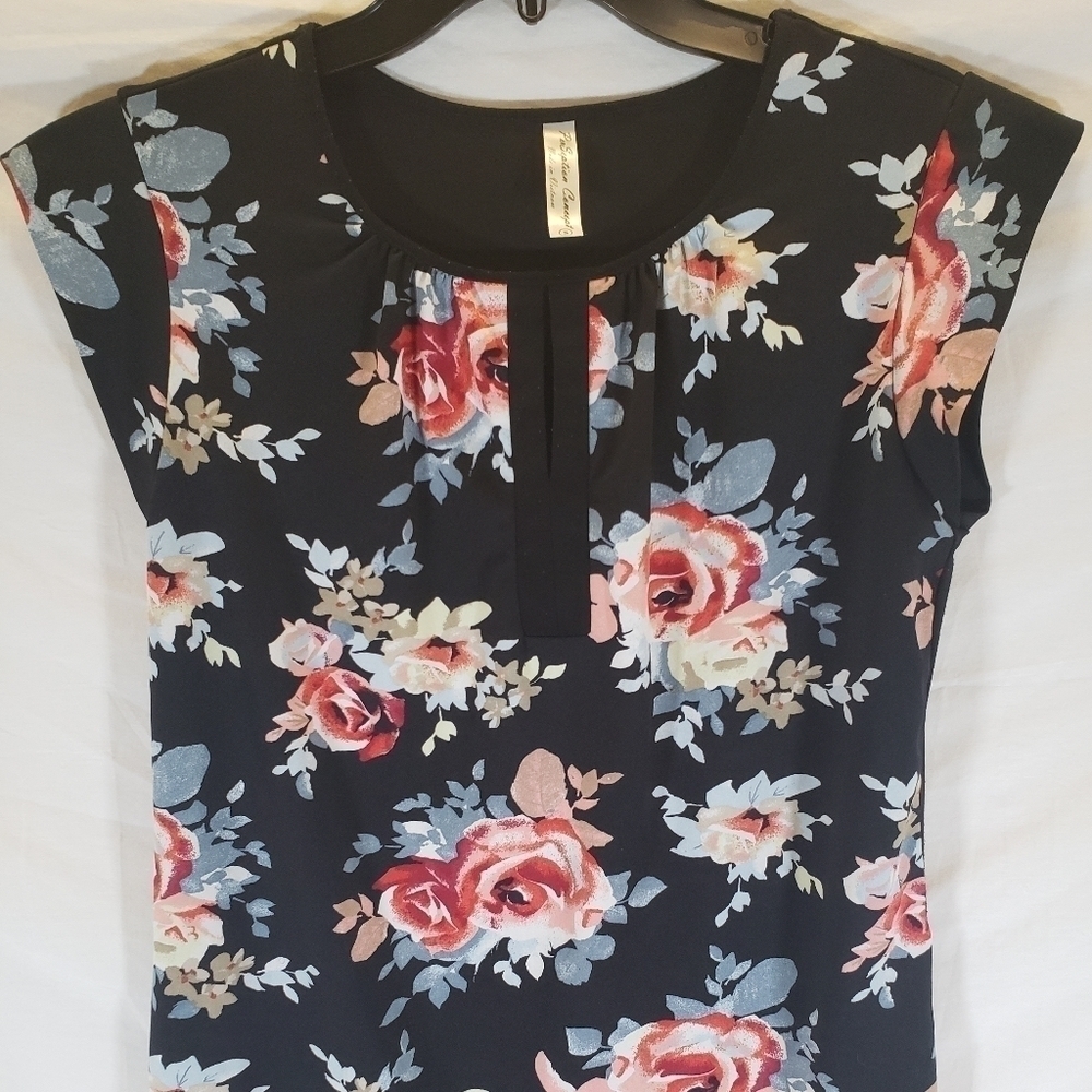 Perseption Concept Black Floral Sleeveless Shirt Sz Sm